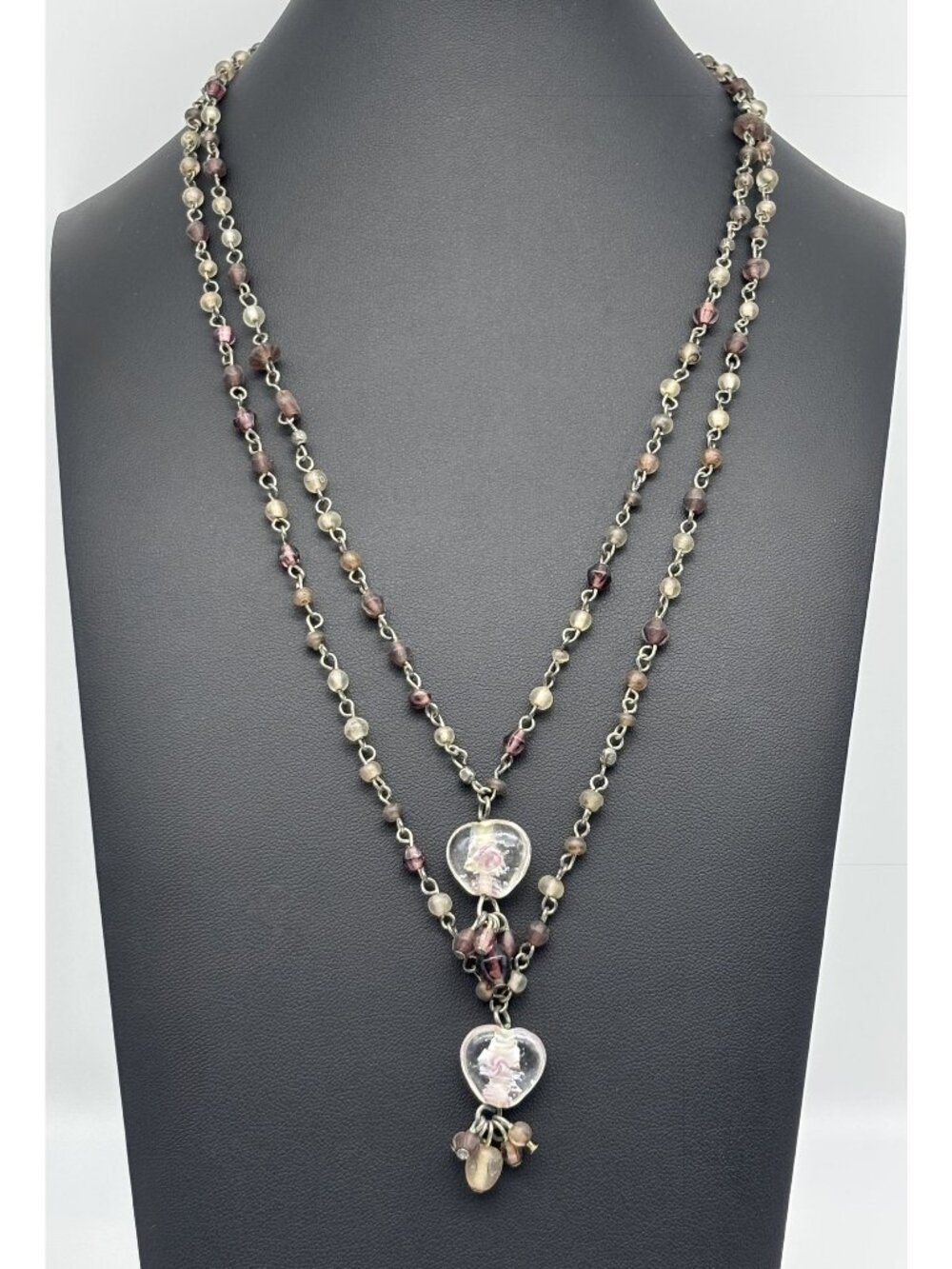 Vintage Art Glass Beads Double Strand Pendant Necklace Tasseled Hearts Unsigned